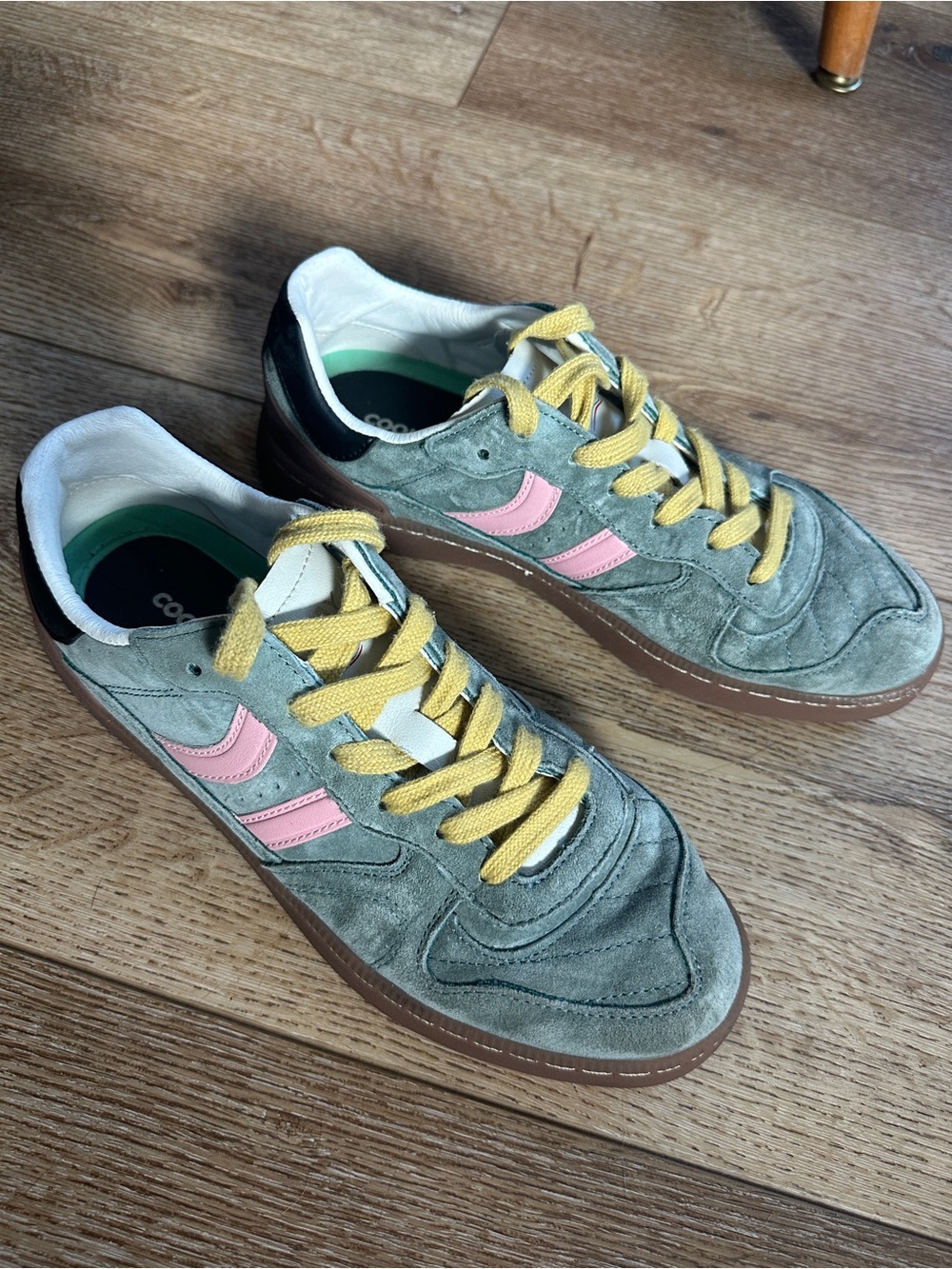 Coolway Women's Suede Sneakers in Sage Green with Pink Stripes and Yellow Laces